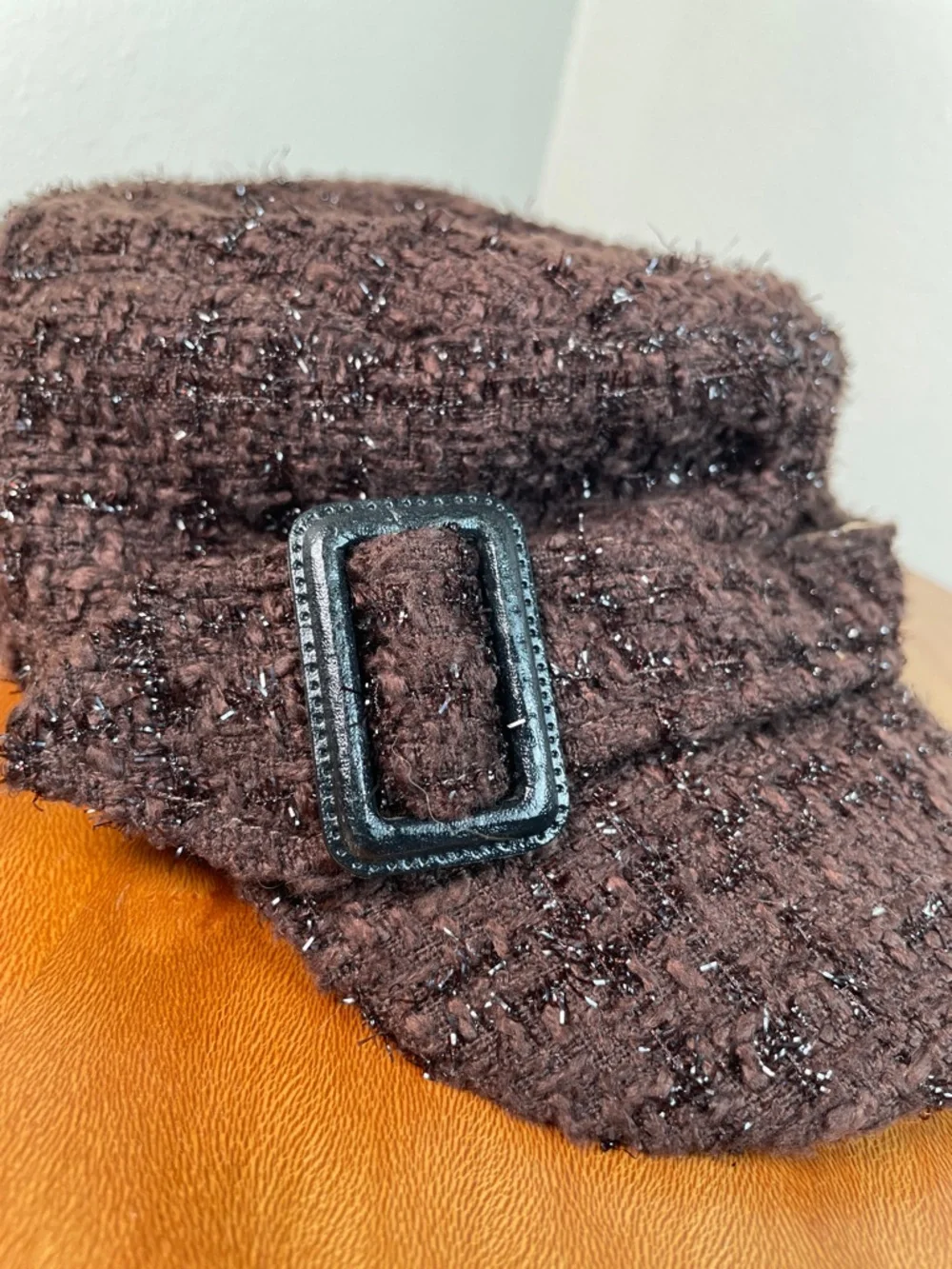 Y2K Brown Sparkly Tweed Knit Cap Hat Short Brim Floral Lined Hip Hop Streetwear